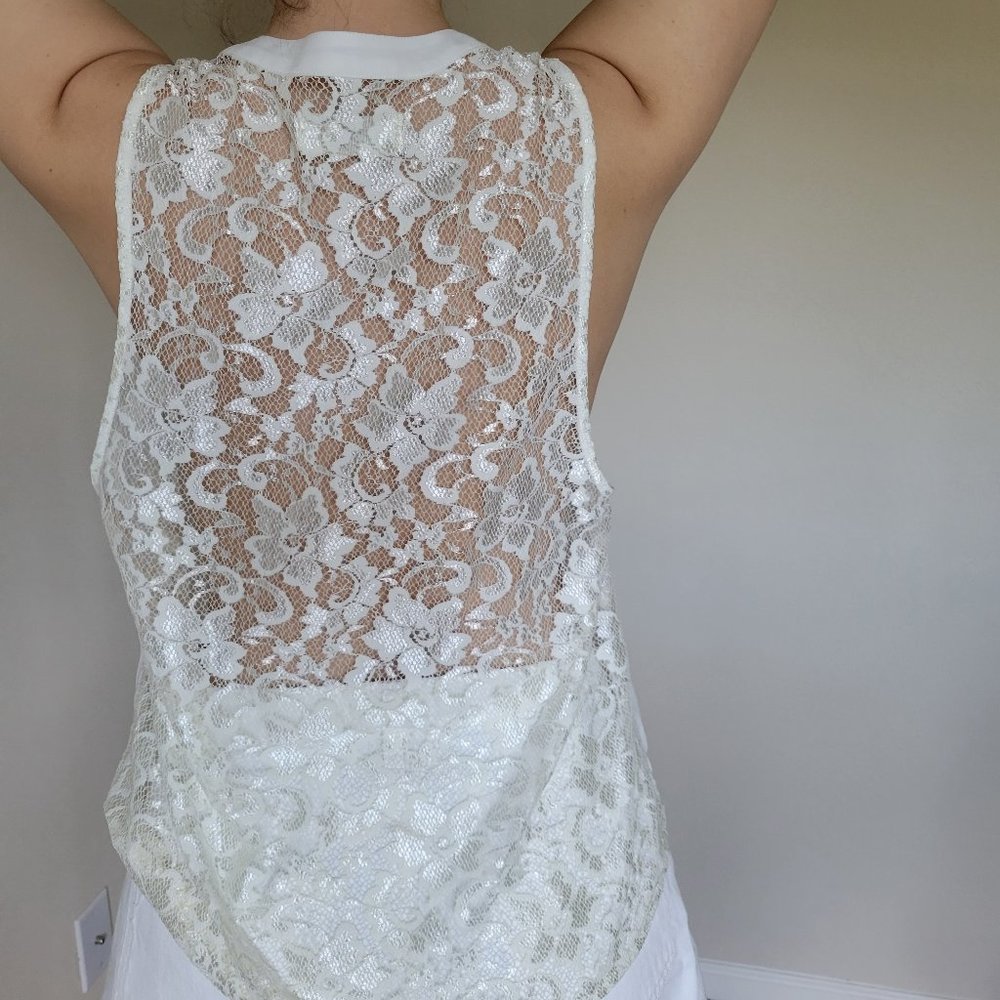 Sheer Off-White Sleeveless Button Down Shirt with Floral Design